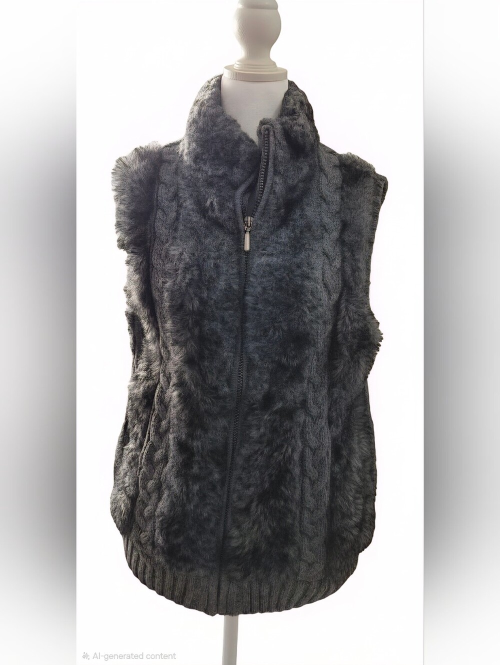 Dressbarn "Snow Bunny" Charcoal Faux Fur Cable Knit Vest